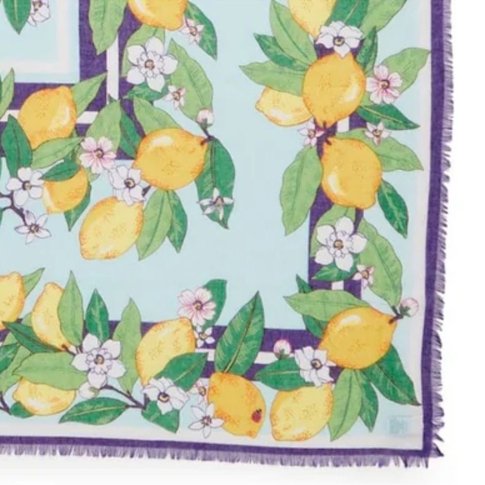 Vera Bradley Lemon Grove Blue Yellow Green Purple White Blossoms Fringe Scarf - Picture 9 of 13